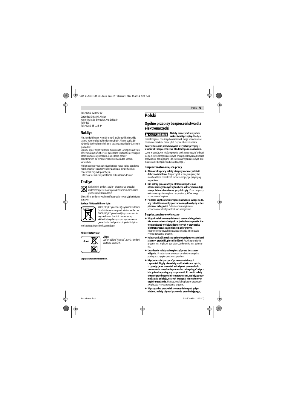 Polski, Nakliye, Tasfiye | Ogólne przepisy bezpieczeństwa dla elektronarzędzi | Bosch GBH 18 V-EC Professional User Manual | Page 79 / 180