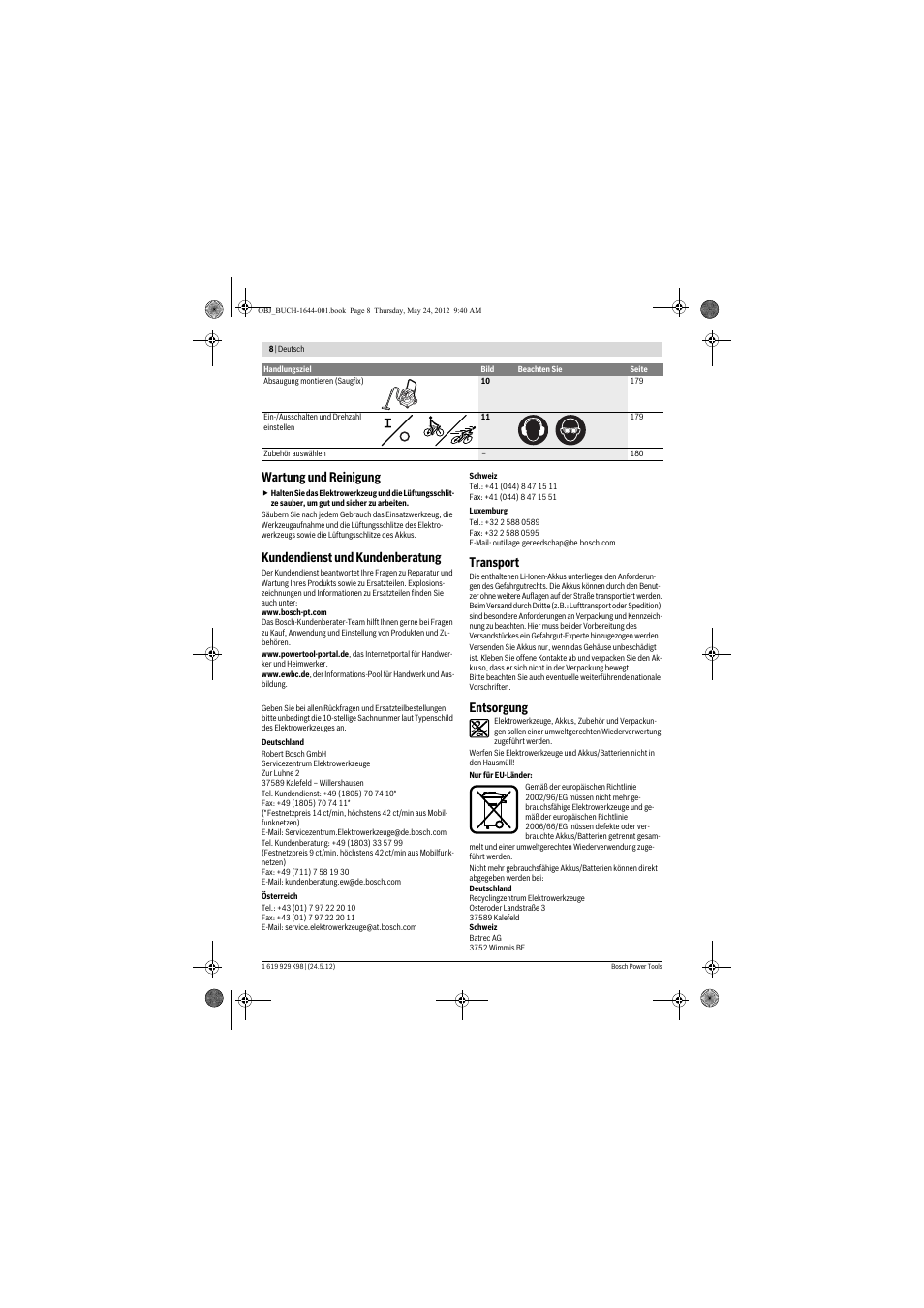 Wartung und reinigung, Kundendienst und kundenberatung, Transport | Entsorgung | Bosch GBH 18 V-EC Professional User Manual | Page 8 / 180