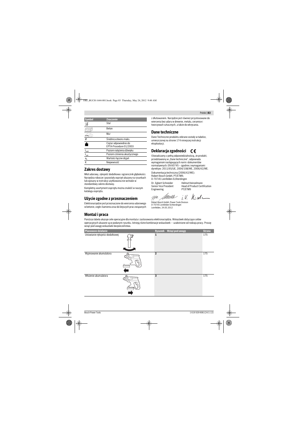 Zakres dostawy, Użycie zgodne z przeznaczeniem, Dane techniczne | Deklaracja zgodności, Montaż i praca | Bosch GBH 18 V-EC Professional User Manual | Page 83 / 180