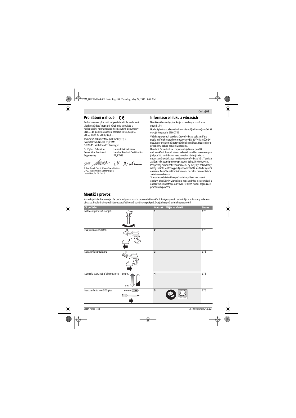 Prohlášení o shodě, Informace o hluku a vibracích, Montáž a provoz | Bosch GBH 18 V-EC Professional User Manual | Page 89 / 180