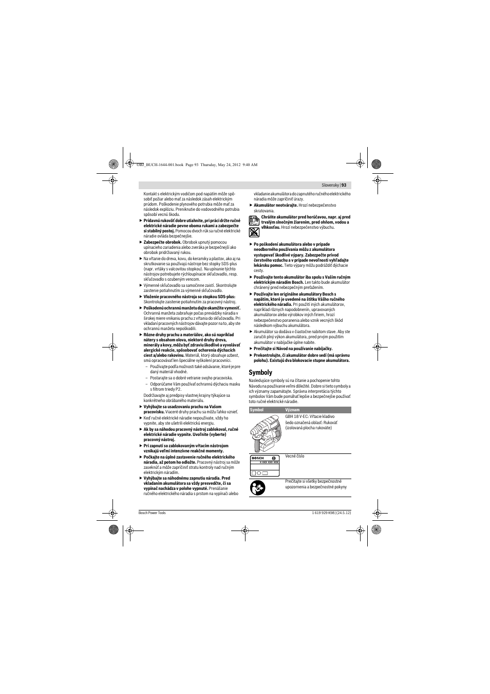 Symboly | Bosch GBH 18 V-EC Professional User Manual | Page 93 / 180