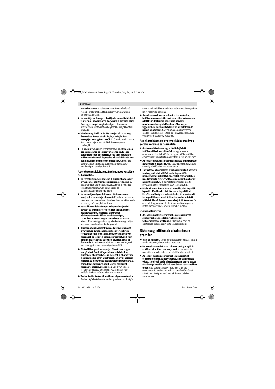 Biztonsági előírások a kalapácsok számára | Bosch GBH 18 V-EC Professional User Manual | Page 98 / 180