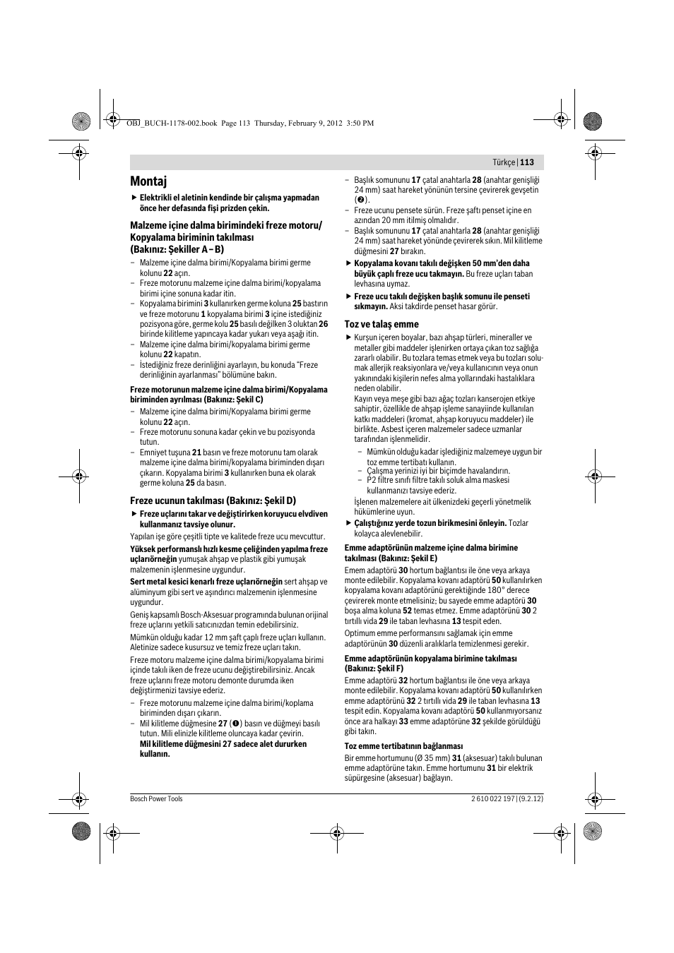 Montaj | Bosch GMF 1600 CE Professional User Manual | Page 113 / 255