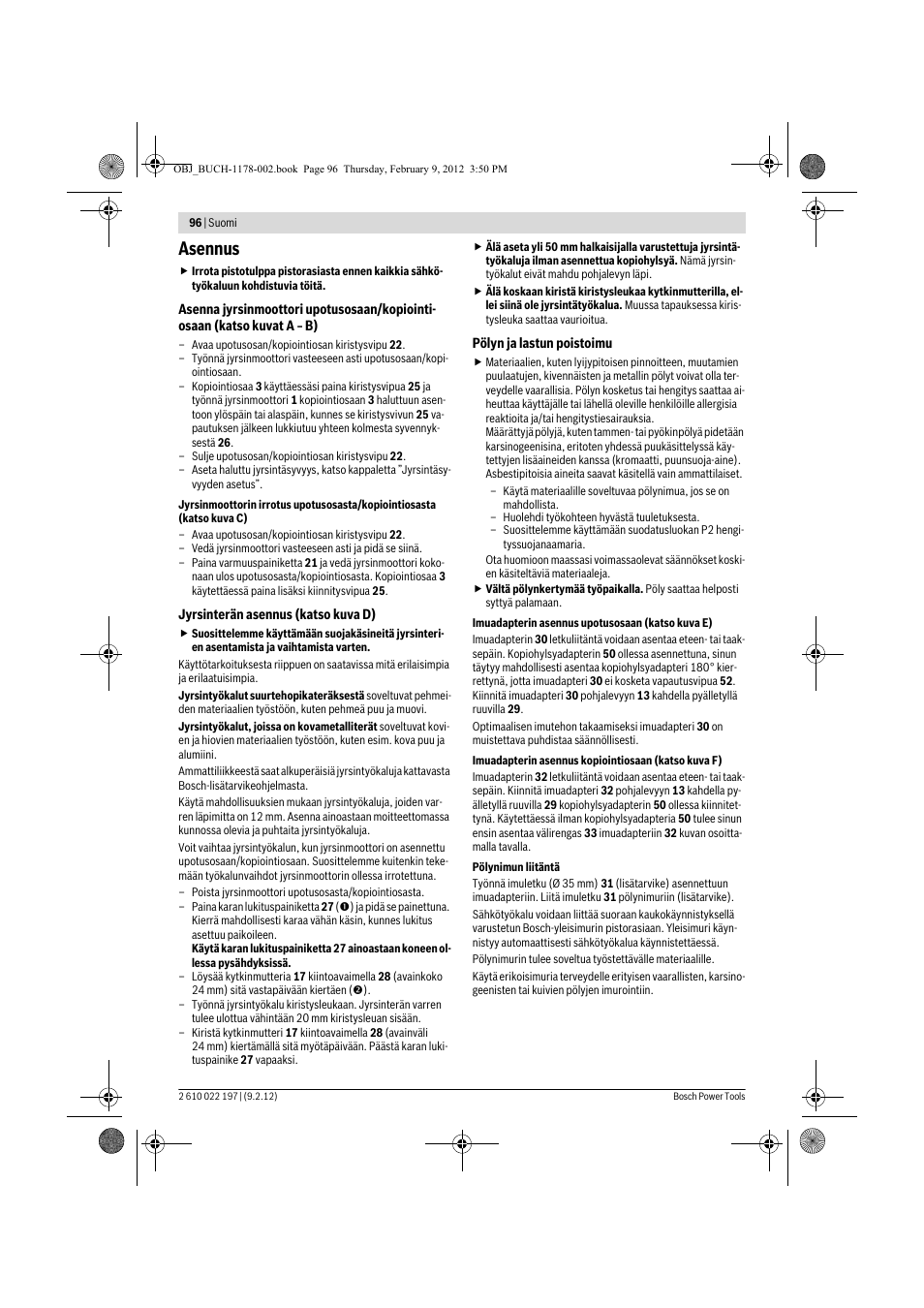 Asennus | Bosch GMF 1600 CE Professional User Manual | Page 96 / 255