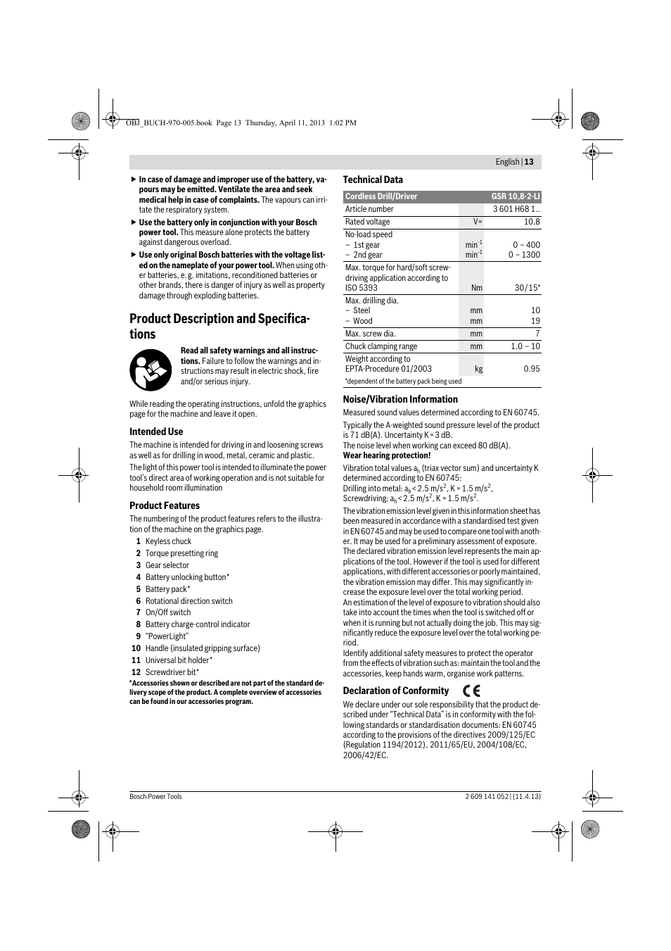 Product description and specifica- tions | Bosch GSR 10,8-2-LI Professional User Manual | Page 13 / 169