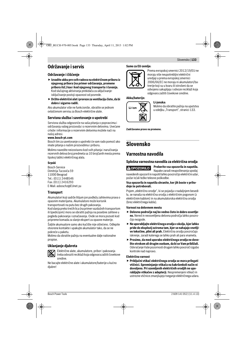 Slovensko, Održavanje i servis, Varnostna navodila | Bosch GSR 10,8-2-LI Professional User Manual | Page 133 / 169