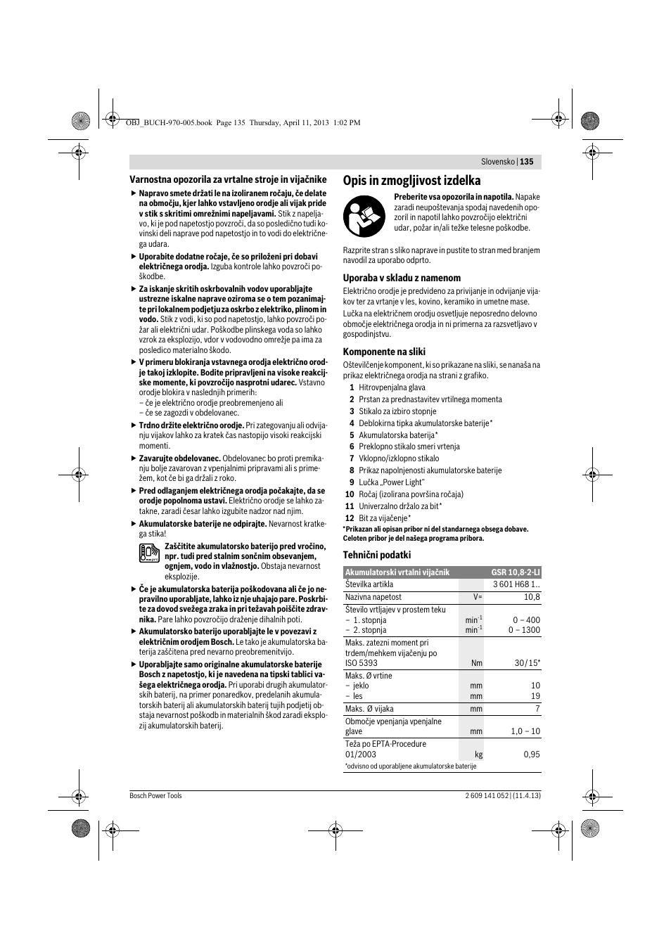 Opis in zmogljivost izdelka | Bosch GSR 10,8-2-LI Professional User Manual | Page 135 / 169