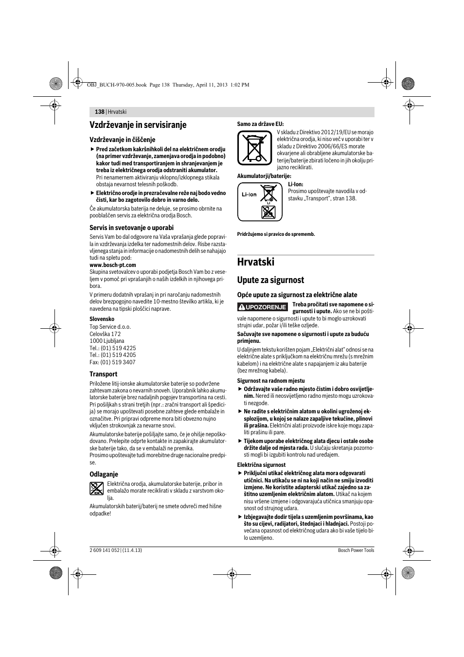 Hrvatski, Vzdrževanje in servisiranje, Upute za sigurnost | Bosch GSR 10,8-2-LI Professional User Manual | Page 138 / 169