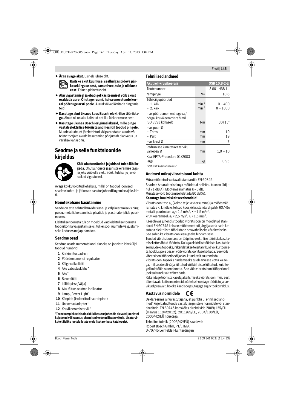 Seadme ja selle funktsioonide kirjeldus | Bosch GSR 10,8-2-LI Professional User Manual | Page 145 / 169