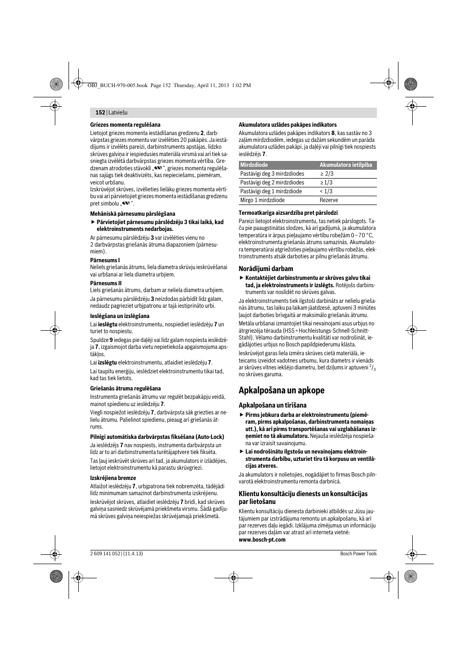 Apkalpošana un apkope | Bosch GSR 10,8-2-LI Professional User Manual | Page 152 / 169