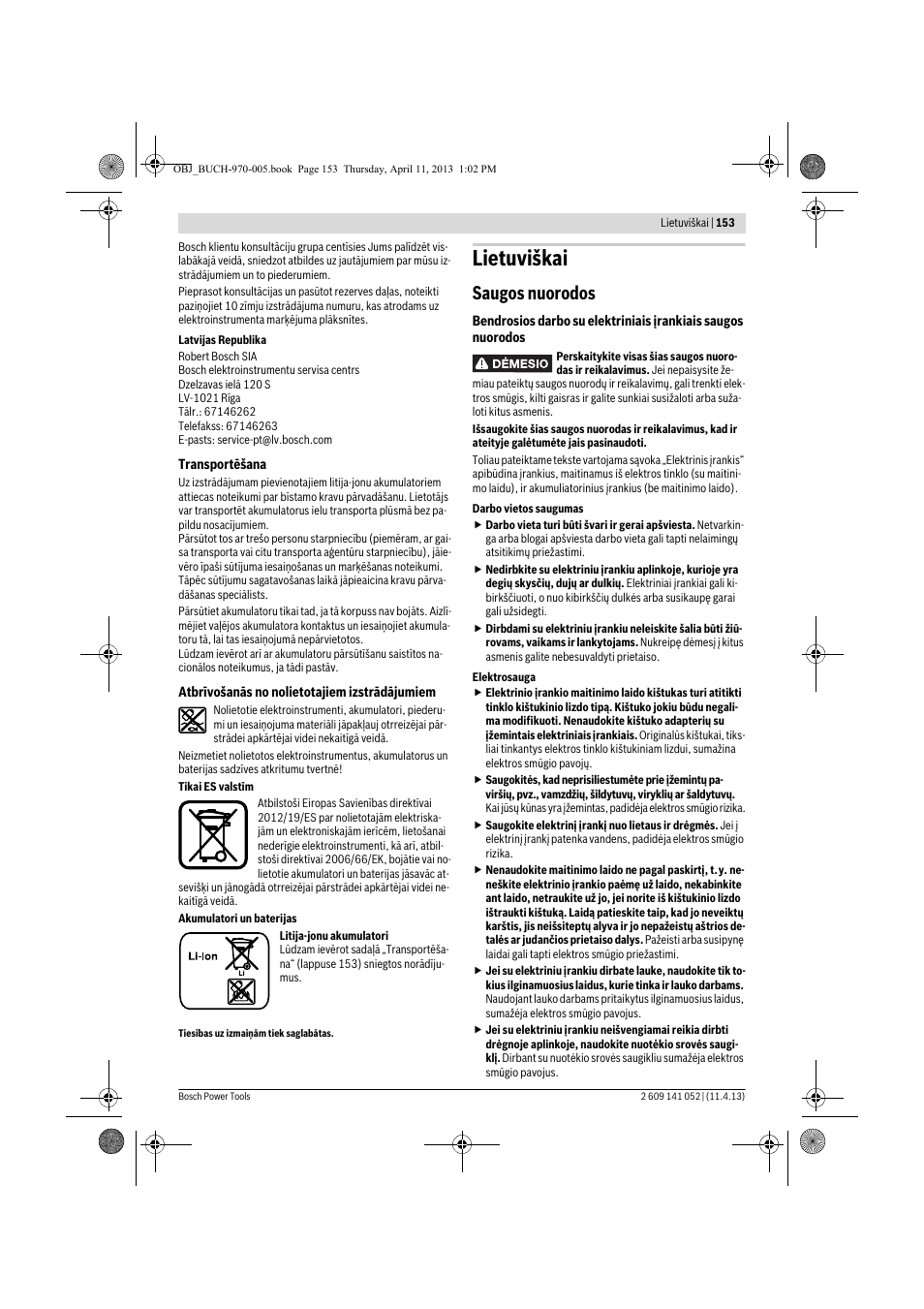 Lietuviškai, Saugos nuorodos | Bosch GSR 10,8-2-LI Professional User Manual | Page 153 / 169