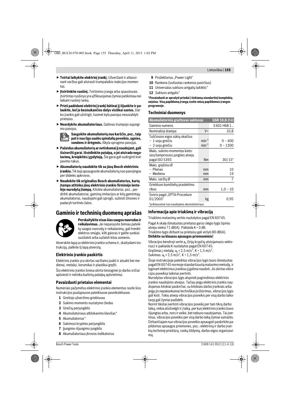 Gaminio ir techninių duomenų aprašas | Bosch GSR 10,8-2-LI Professional User Manual | Page 155 / 169