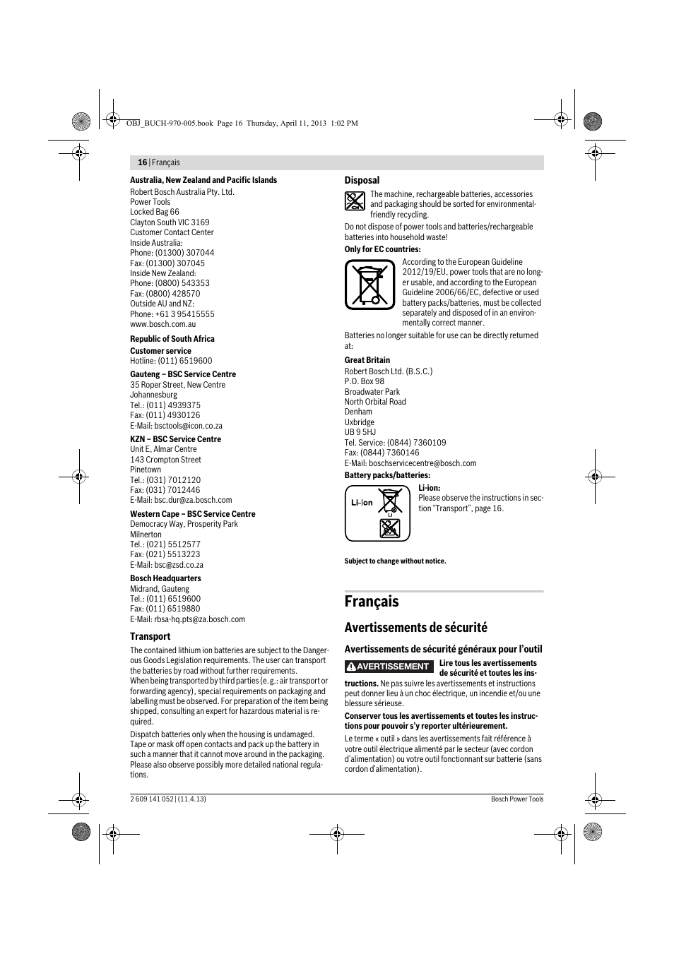 Français, Avertissements de sécurité | Bosch GSR 10,8-2-LI Professional User Manual | Page 16 / 169