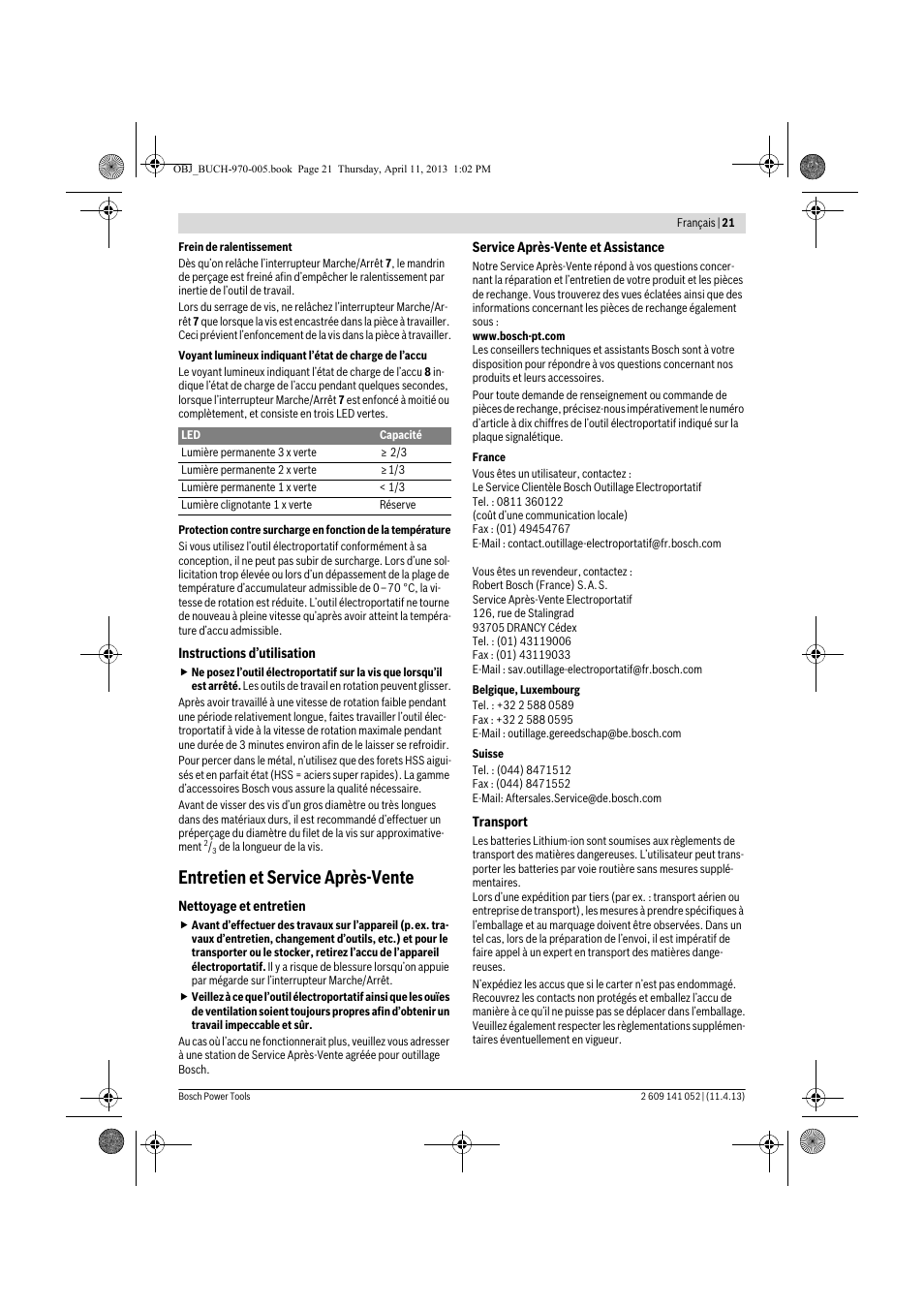 Entretien et service après-vente | Bosch GSR 10,8-2-LI Professional User Manual | Page 21 / 169