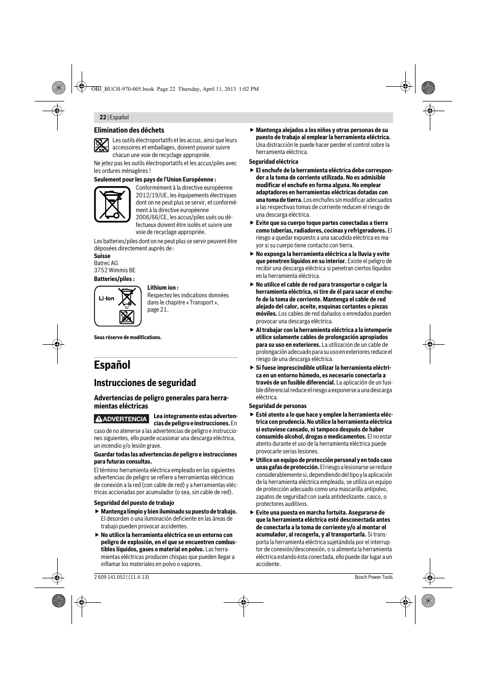 Español, Instrucciones de seguridad | Bosch GSR 10,8-2-LI Professional User Manual | Page 22 / 169