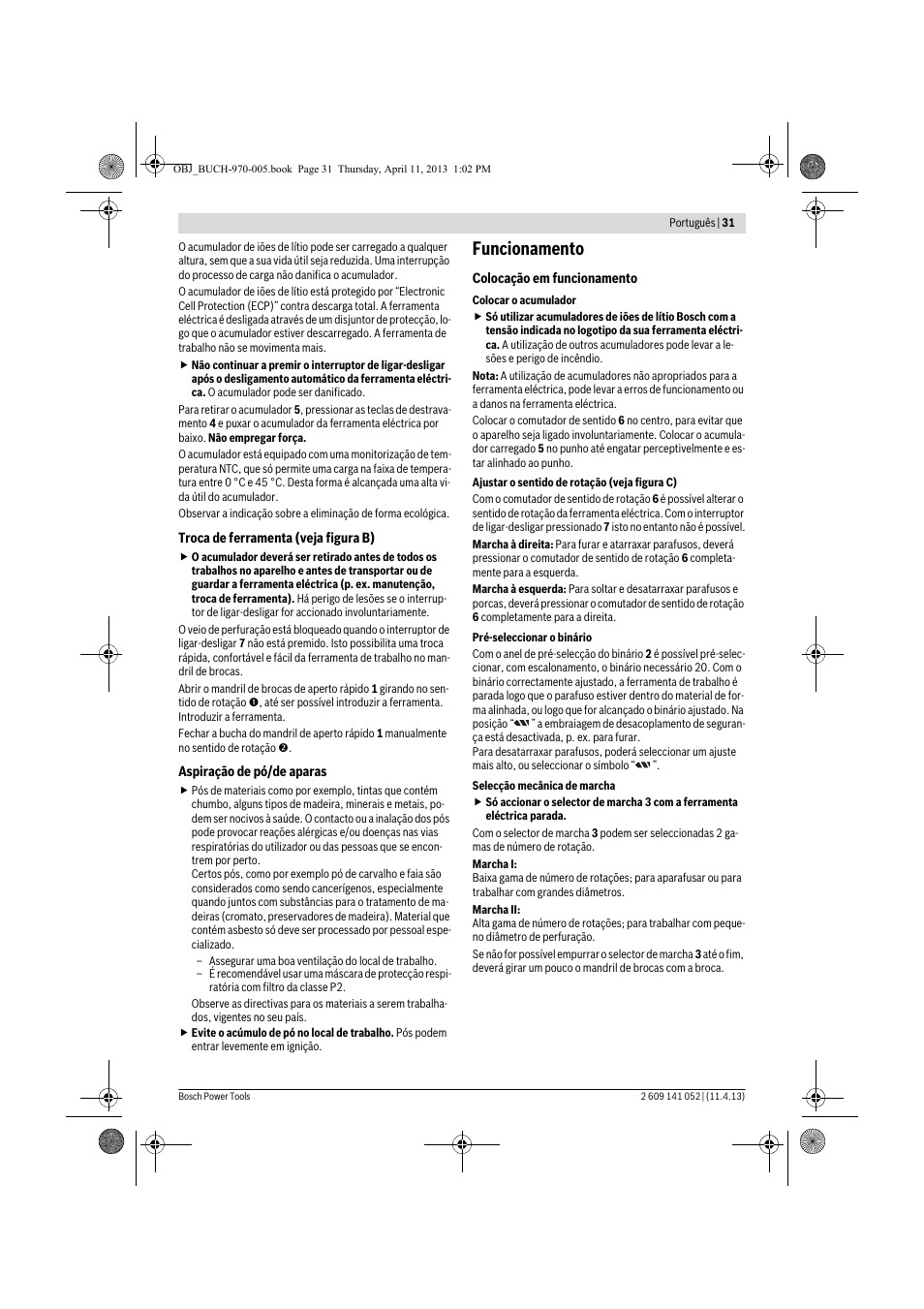 Funcionamento | Bosch GSR 10,8-2-LI Professional User Manual | Page 31 / 169