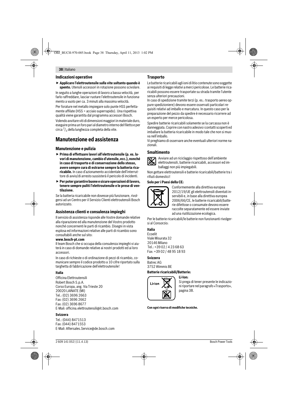 Manutenzione ed assistenza | Bosch GSR 10,8-2-LI Professional User Manual | Page 38 / 169