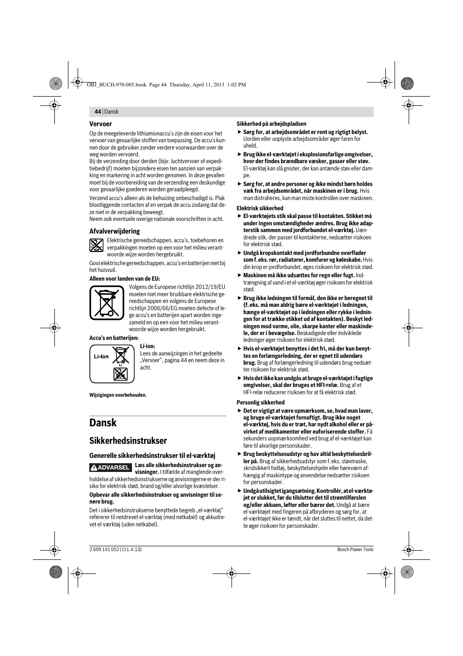 Dansk, Sikkerhedsinstrukser | Bosch GSR 10,8-2-LI Professional User Manual | Page 44 / 169