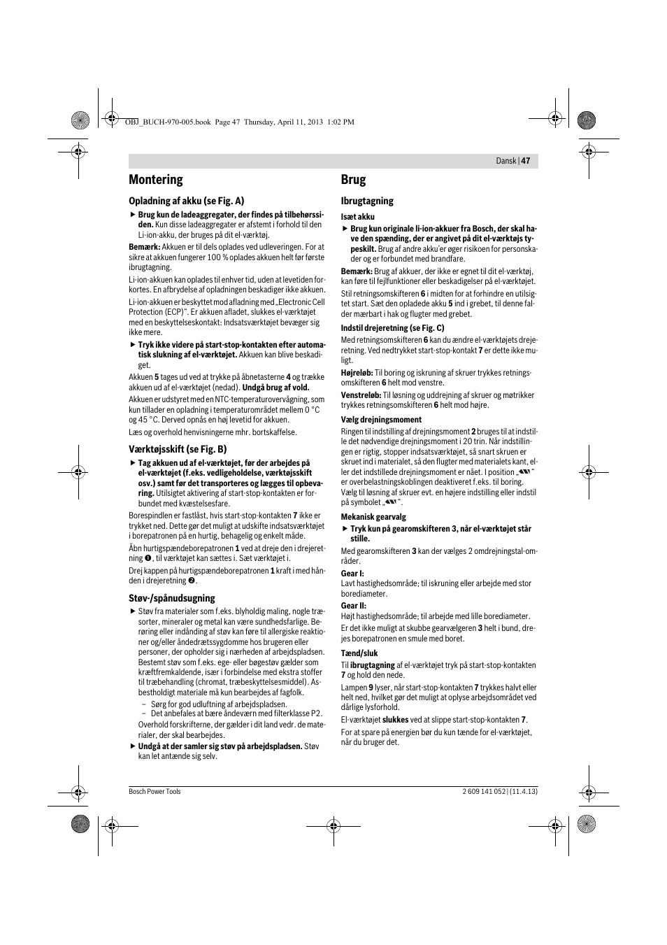 Montering, Brug | Bosch GSR 10,8-2-LI Professional User Manual | Page 47 / 169