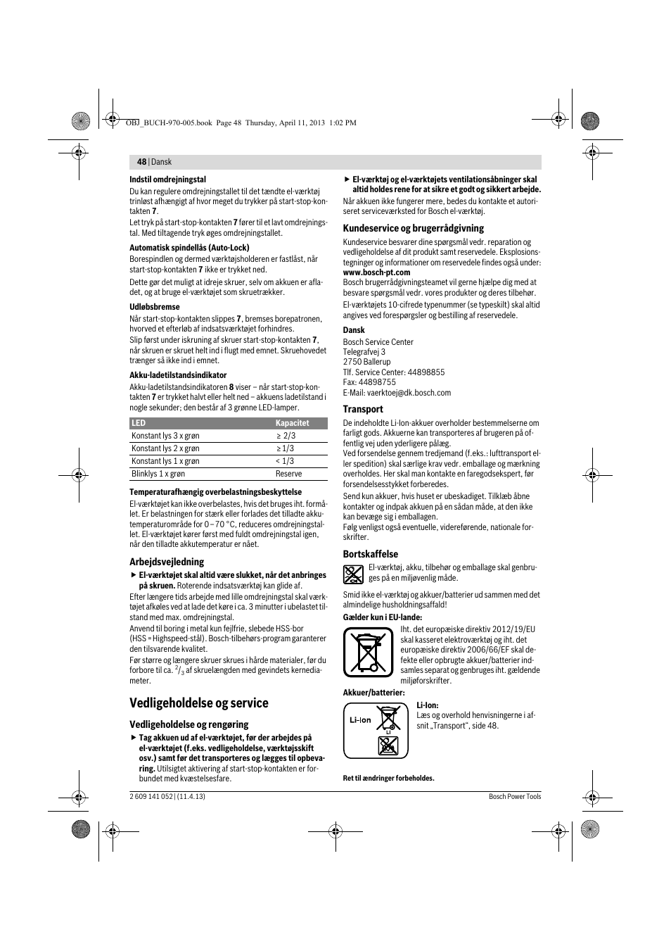 Vedligeholdelse og service | Bosch GSR 10,8-2-LI Professional User Manual | Page 48 / 169