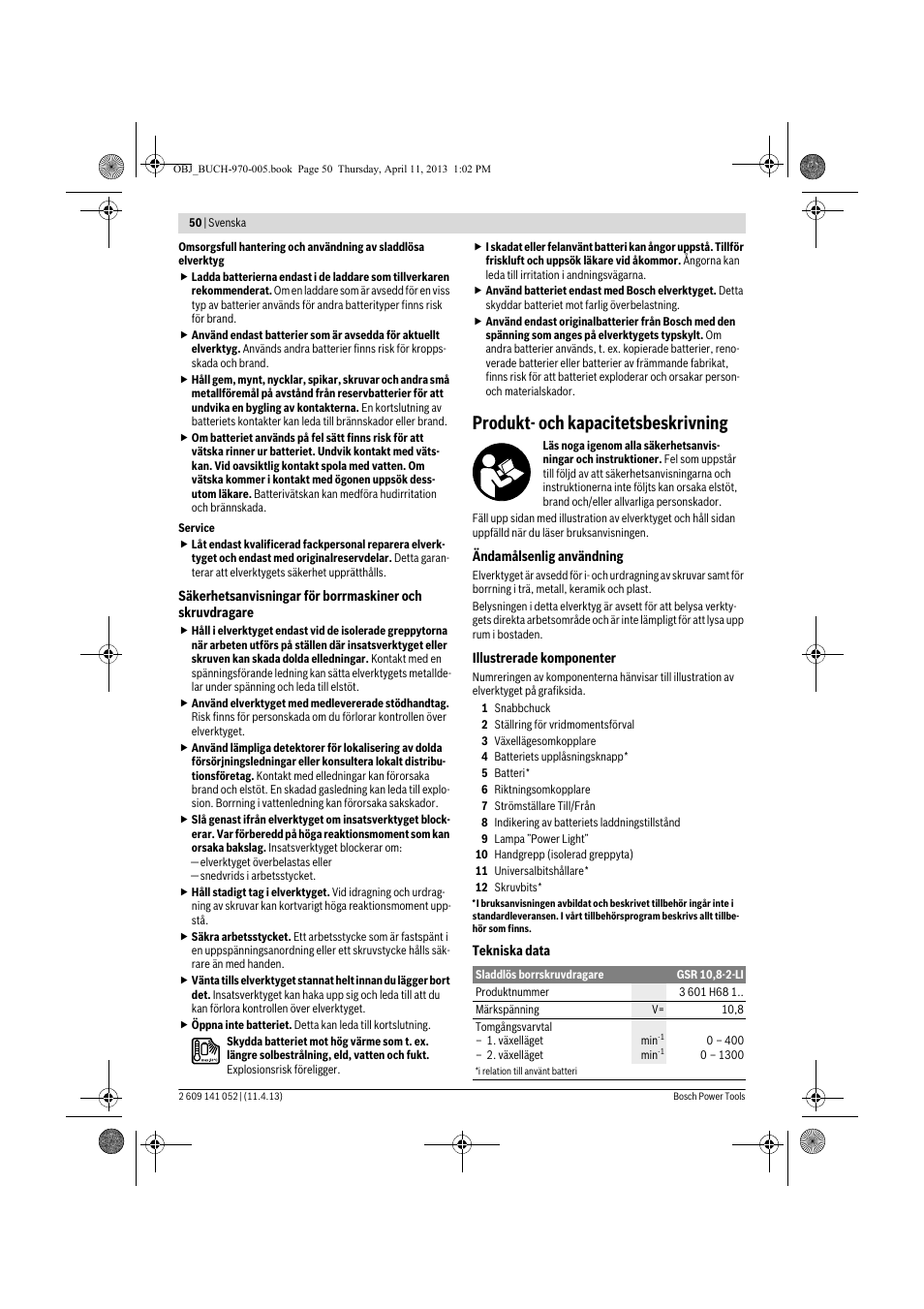 Produkt- och kapacitetsbeskrivning | Bosch GSR 10,8-2-LI Professional User Manual | Page 50 / 169