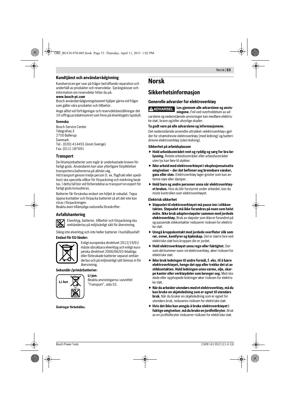 Norsk, Sikkerhetsinformasjon | Bosch GSR 10,8-2-LI Professional User Manual | Page 53 / 169