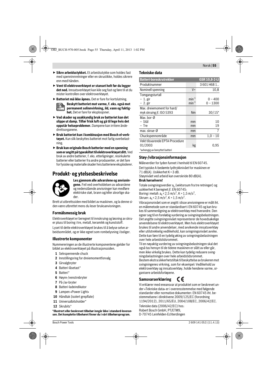 Produkt- og ytelsesbeskrivelse | Bosch GSR 10,8-2-LI Professional User Manual | Page 55 / 169