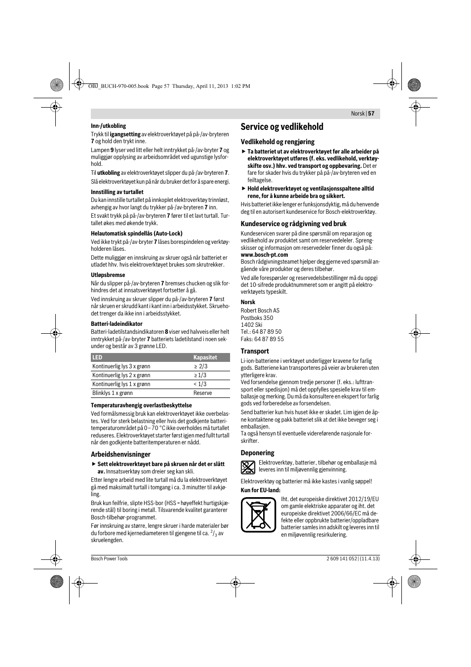 Service og vedlikehold | Bosch GSR 10,8-2-LI Professional User Manual | Page 57 / 169