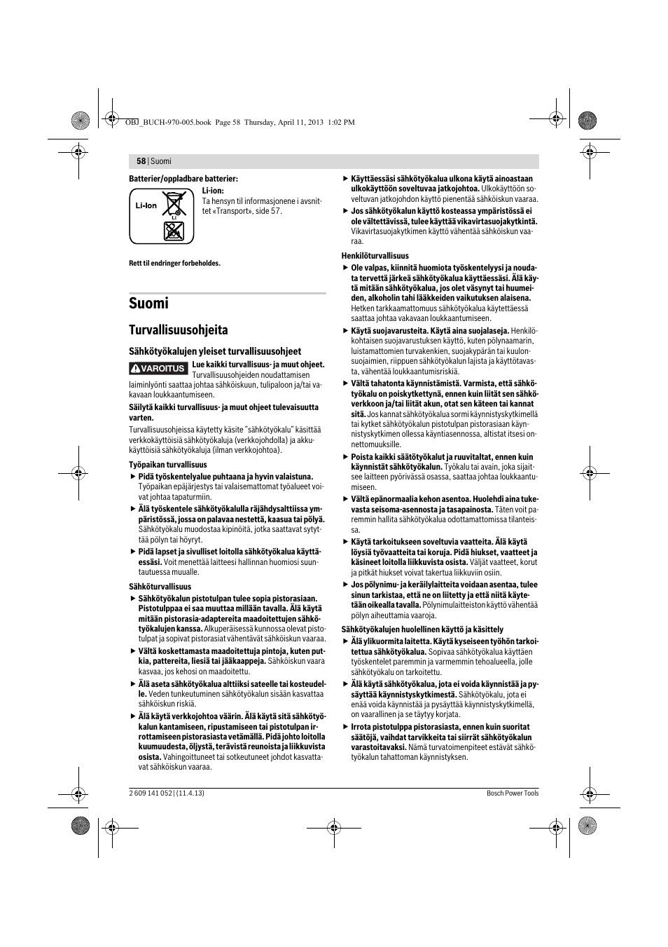 Suomi, Turvallisuusohjeita | Bosch GSR 10,8-2-LI Professional User Manual | Page 58 / 169