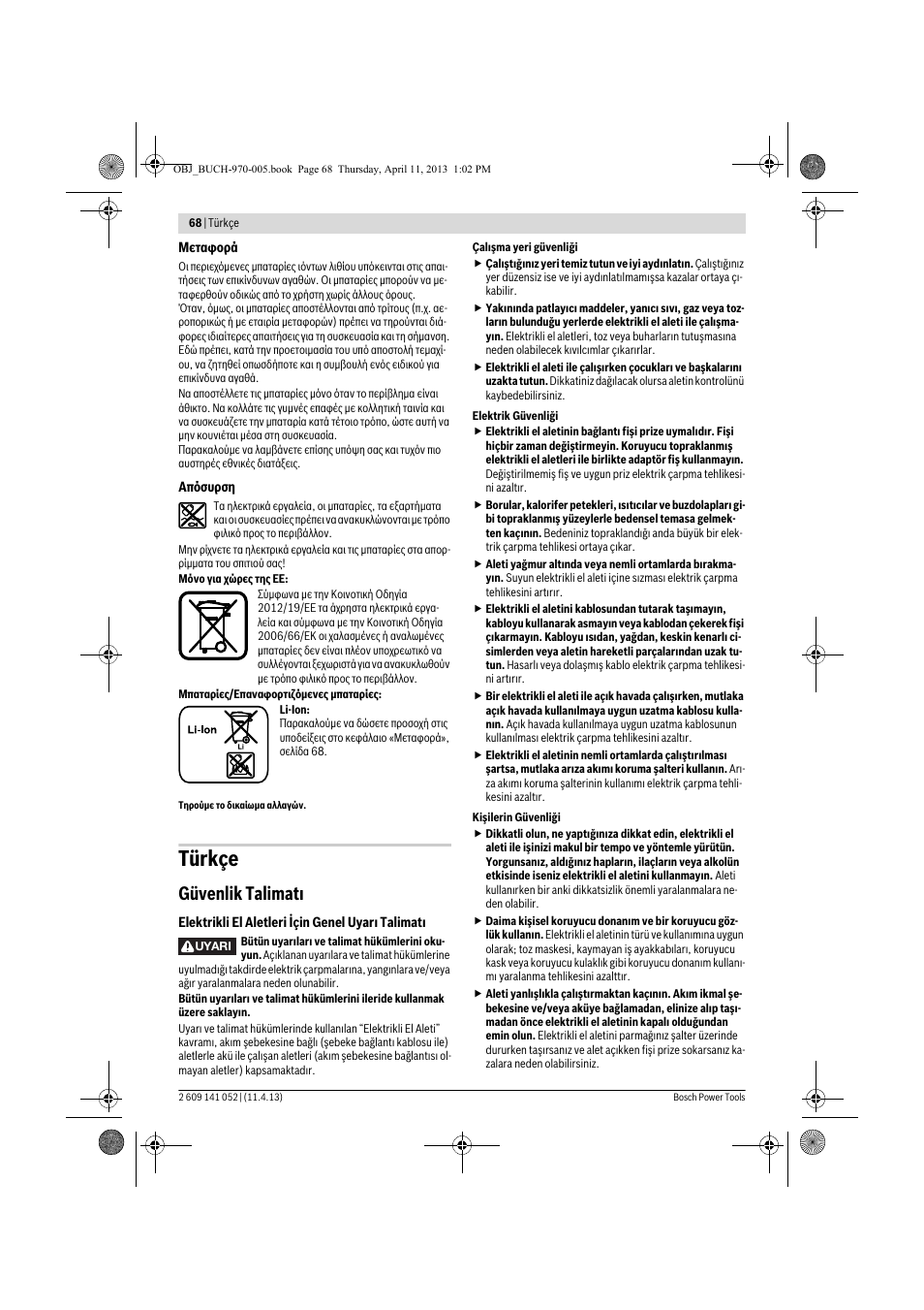 Türkçe, Güvenlik talimatı | Bosch GSR 10,8-2-LI Professional User Manual | Page 68 / 169