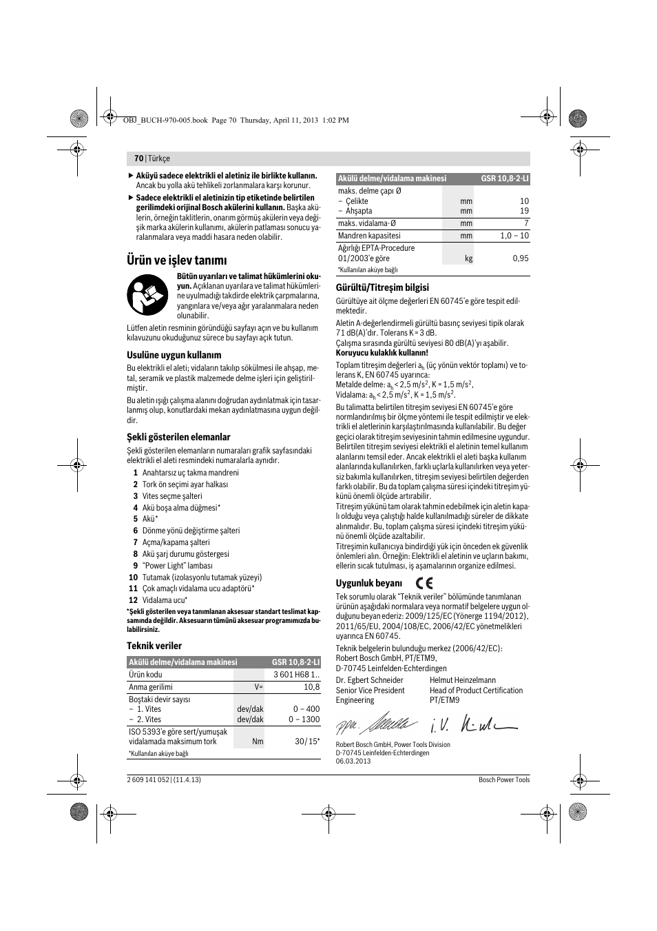 Ürün ve işlev tanımı | Bosch GSR 10,8-2-LI Professional User Manual | Page 70 / 169