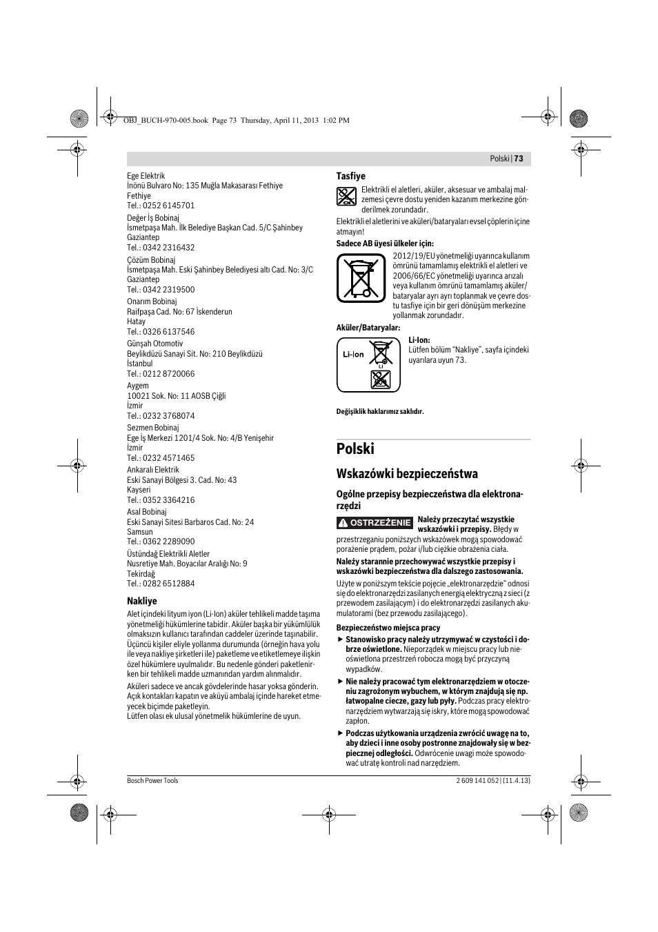 Polski, Wskazówki bezpieczeństwa | Bosch GSR 10,8-2-LI Professional User Manual | Page 73 / 169