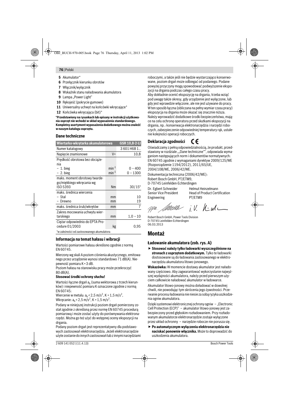 Montaż | Bosch GSR 10,8-2-LI Professional User Manual | Page 76 / 169