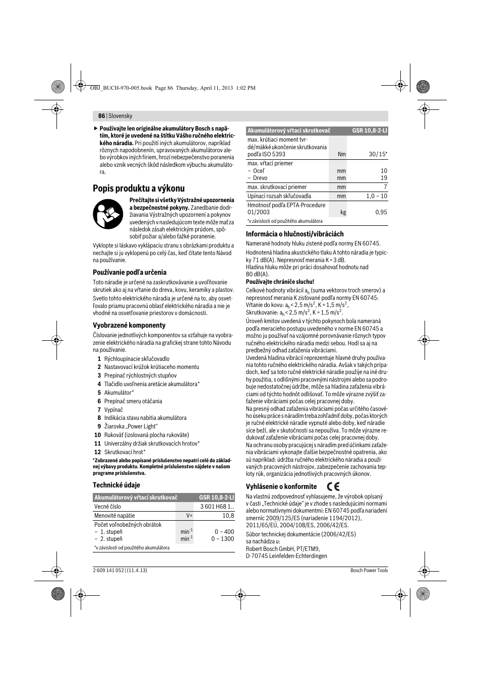 Popis produktu a výkonu | Bosch GSR 10,8-2-LI Professional User Manual | Page 86 / 169