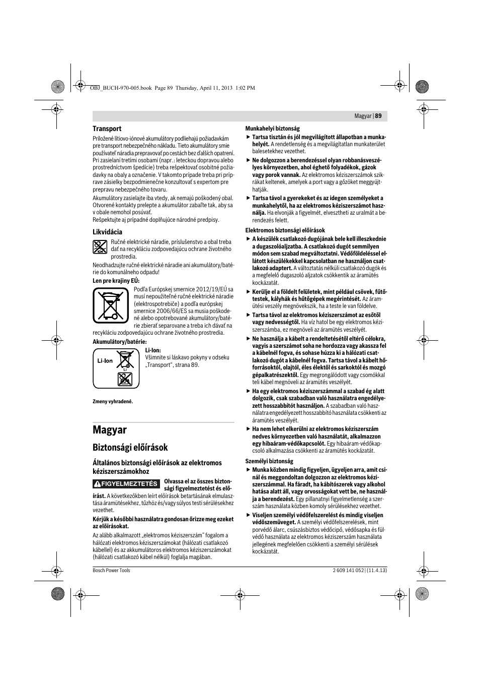 Magyar, Biztonsági előírások | Bosch GSR 10,8-2-LI Professional User Manual | Page 89 / 169