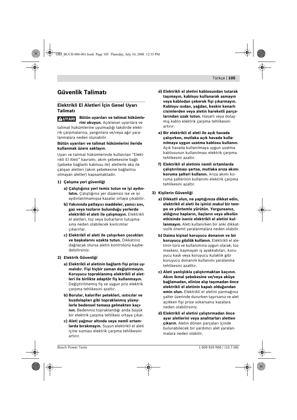 Güvenlik talimat | Bosch GSB 16 RE Professional User Manual | Page 105 / 229