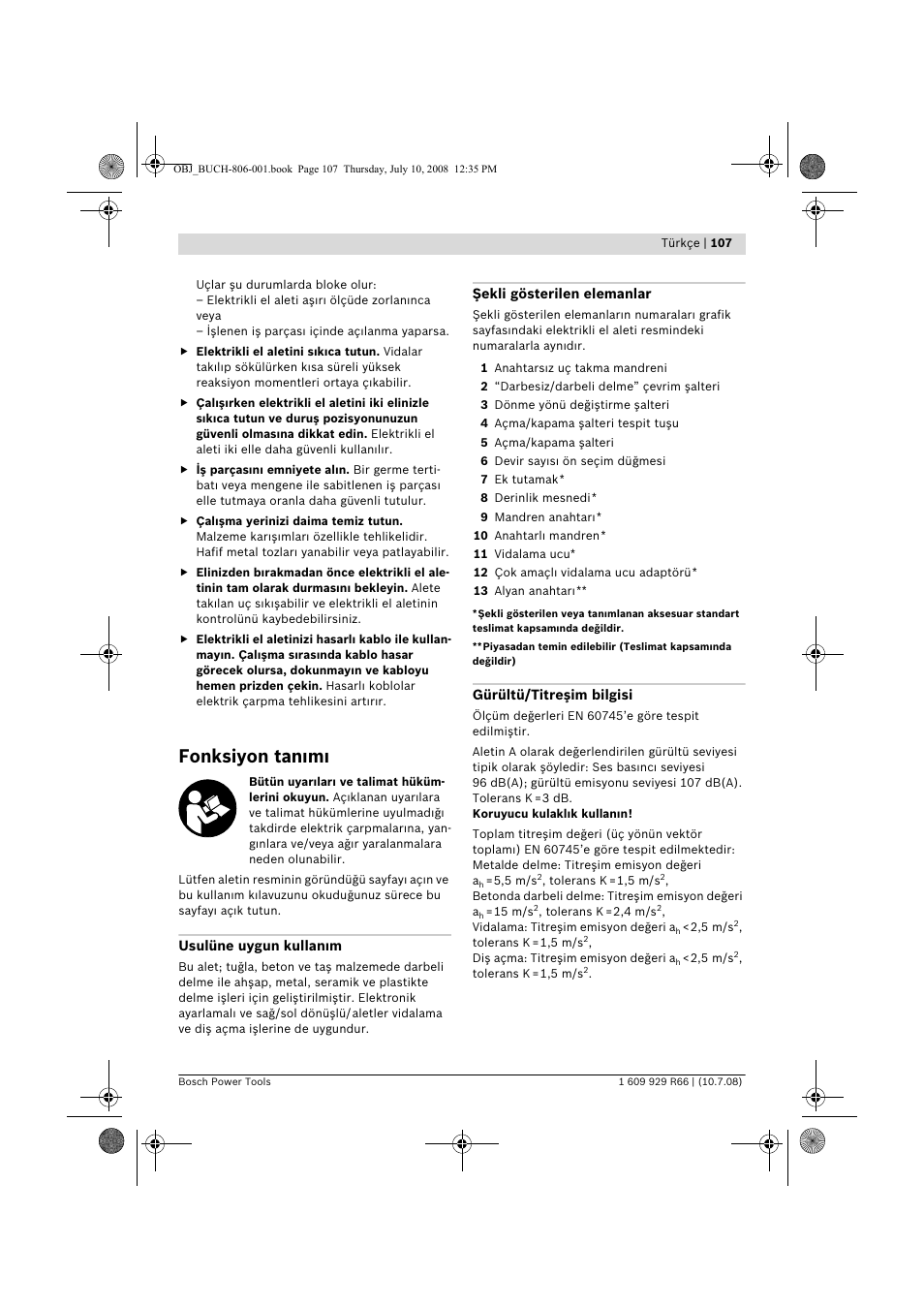 Fonksiyon tan m | Bosch GSB 16 RE Professional User Manual | Page 107 / 229