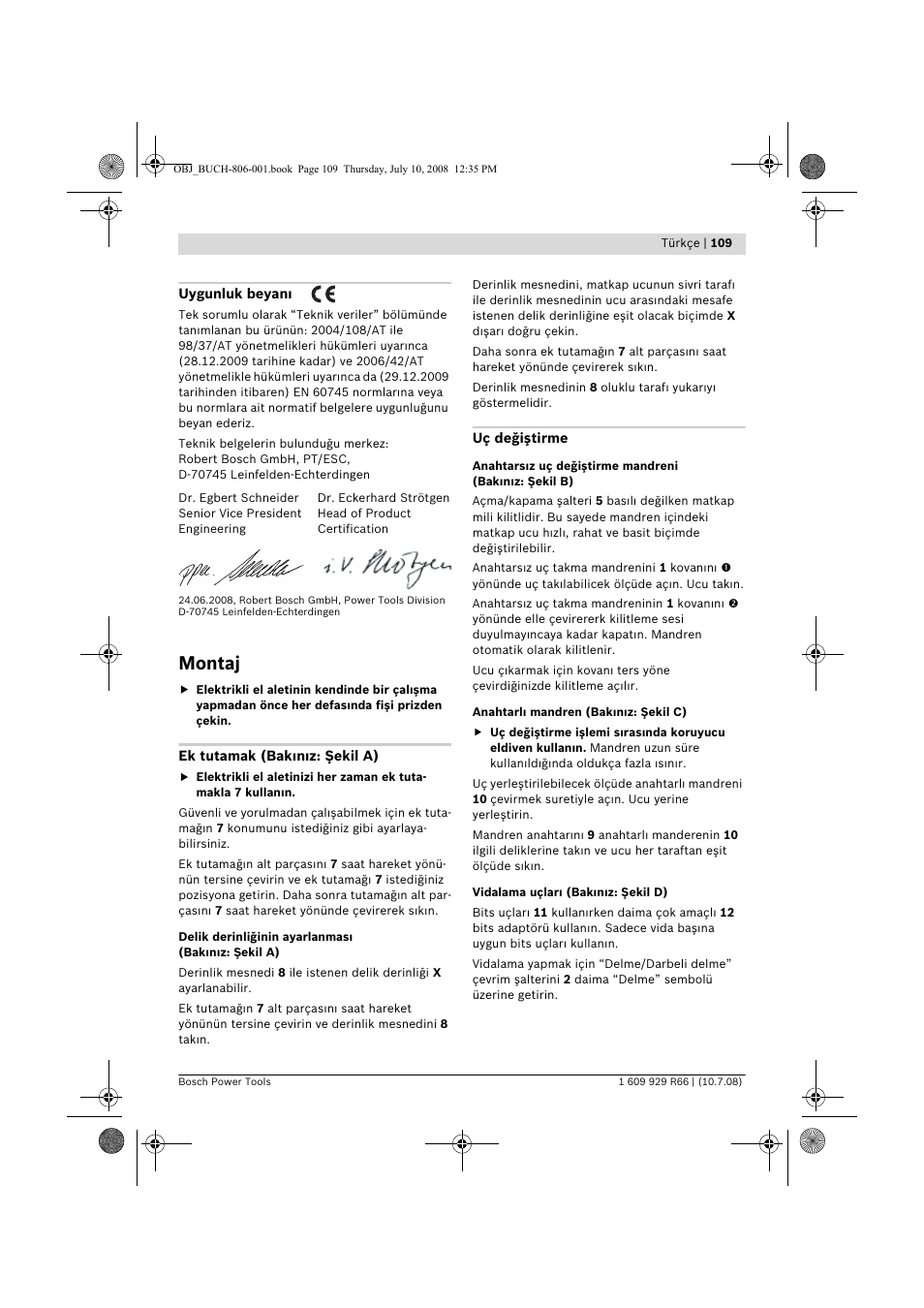 Montaj | Bosch GSB 16 RE Professional User Manual | Page 109 / 229