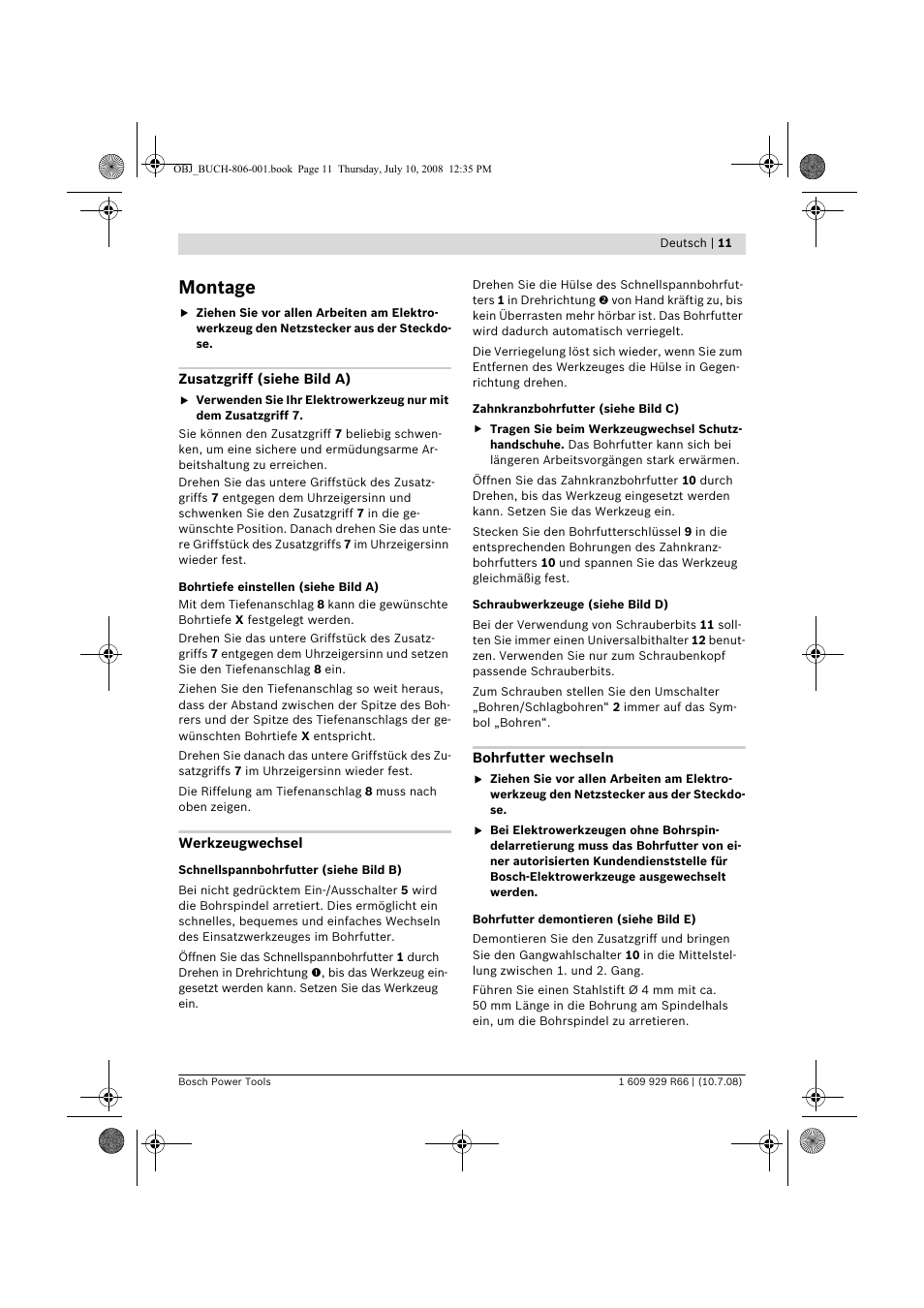 Montage | Bosch GSB 16 RE Professional User Manual | Page 11 / 229