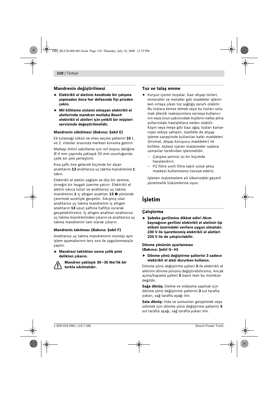 Işletim | Bosch GSB 16 RE Professional User Manual | Page 110 / 229