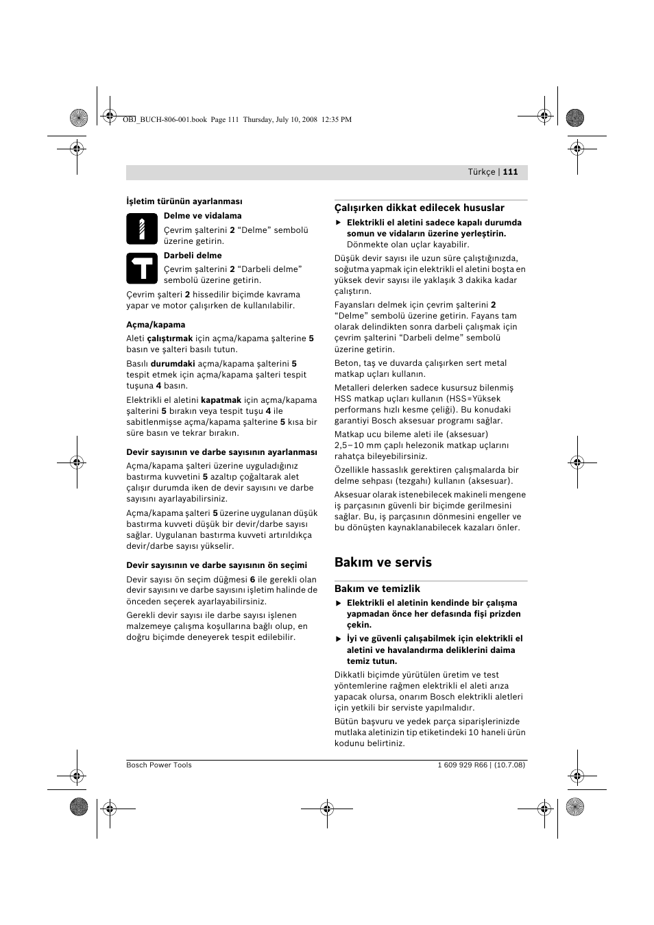 Bak m ve servis | Bosch GSB 16 RE Professional User Manual | Page 111 / 229