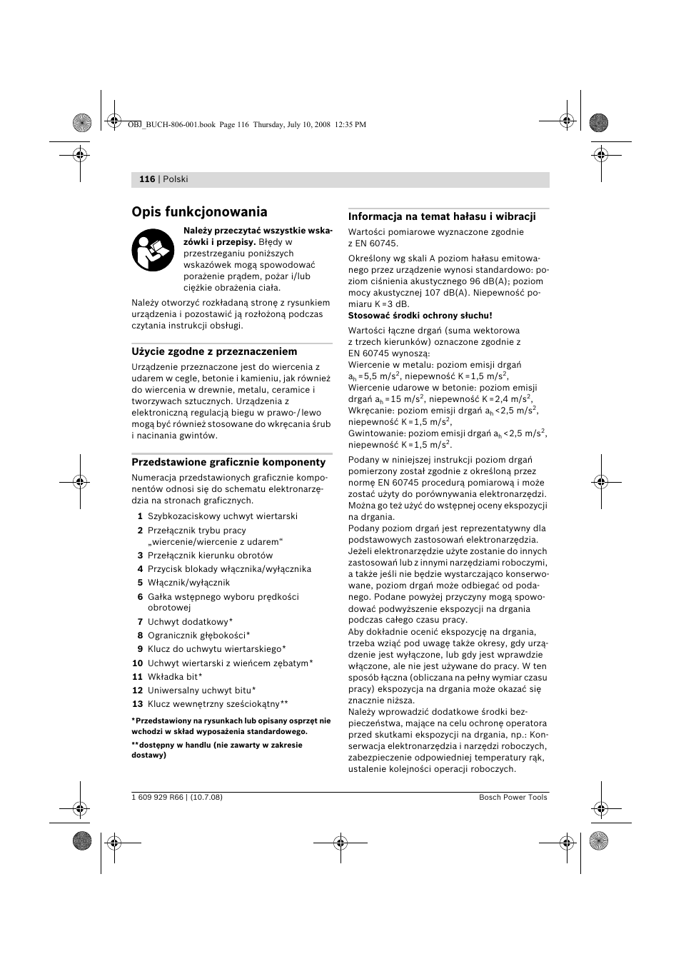 Opis funkcjonowania | Bosch GSB 16 RE Professional User Manual | Page 116 / 229