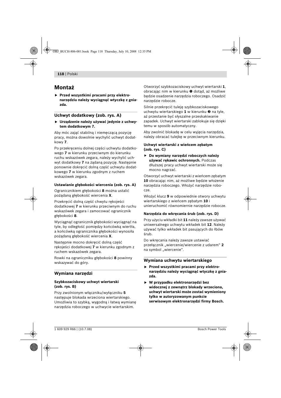 Montaż | Bosch GSB 16 RE Professional User Manual | Page 118 / 229