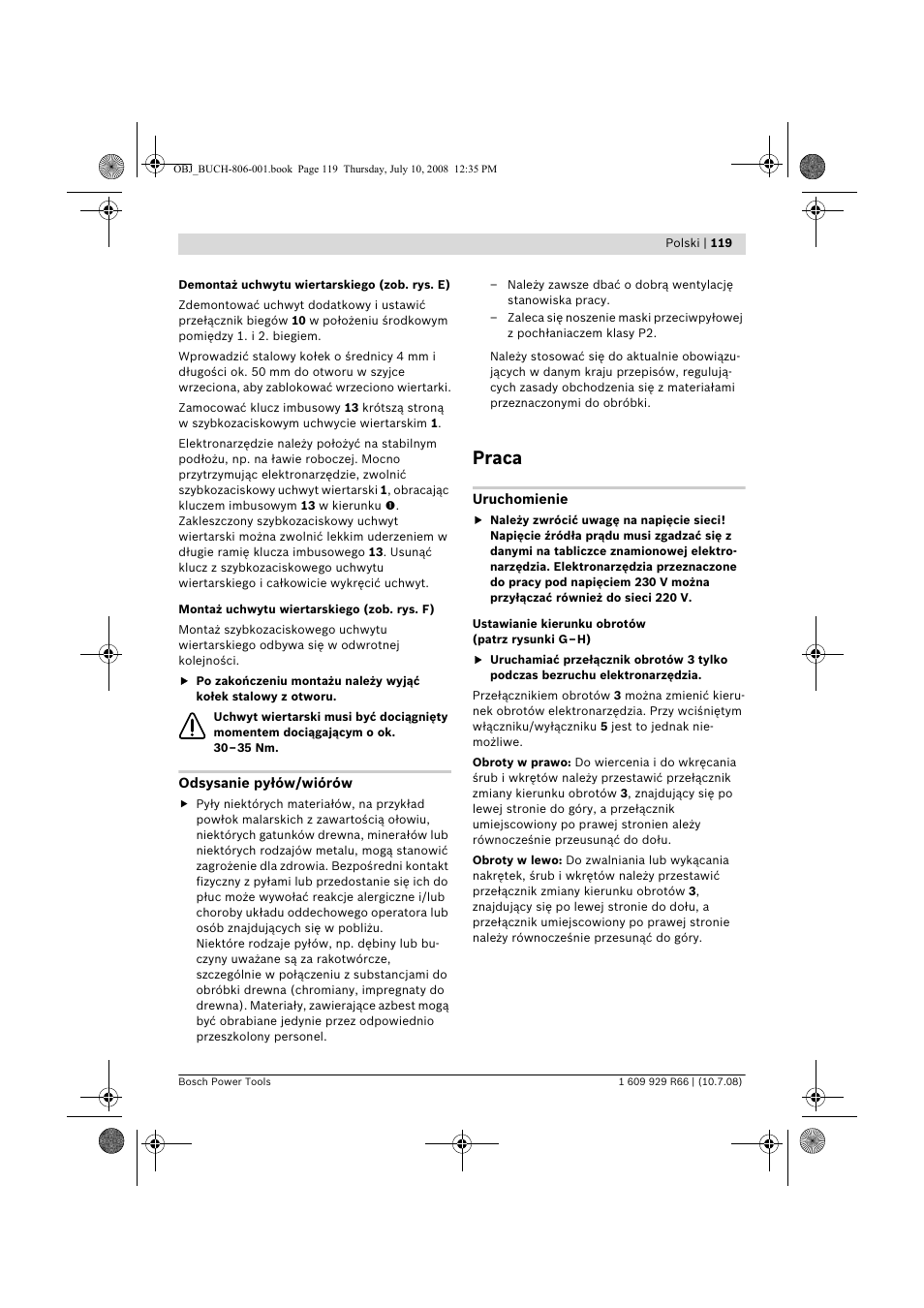 Praca | Bosch GSB 16 RE Professional User Manual | Page 119 / 229