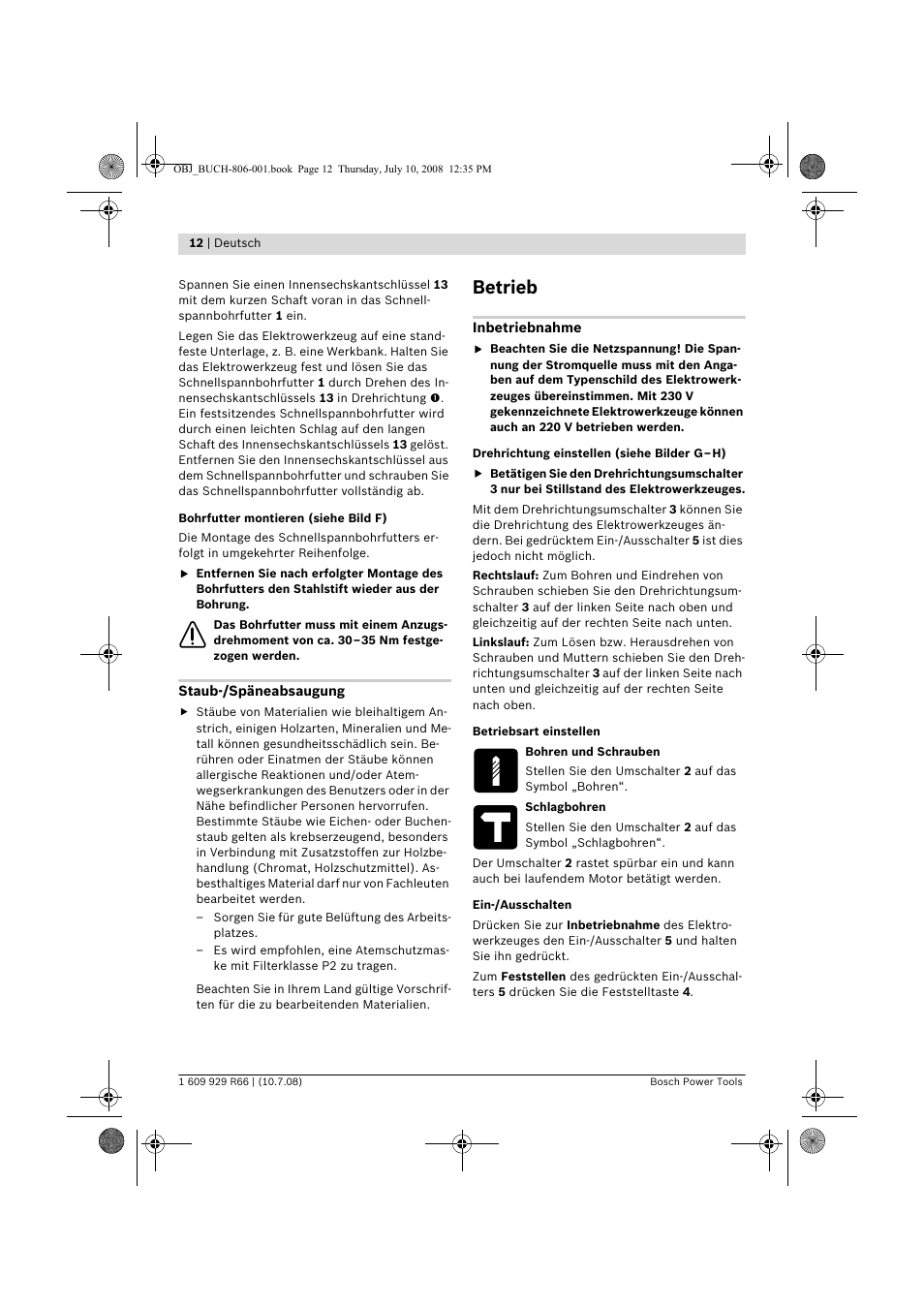 Betrieb | Bosch GSB 16 RE Professional User Manual | Page 12 / 229