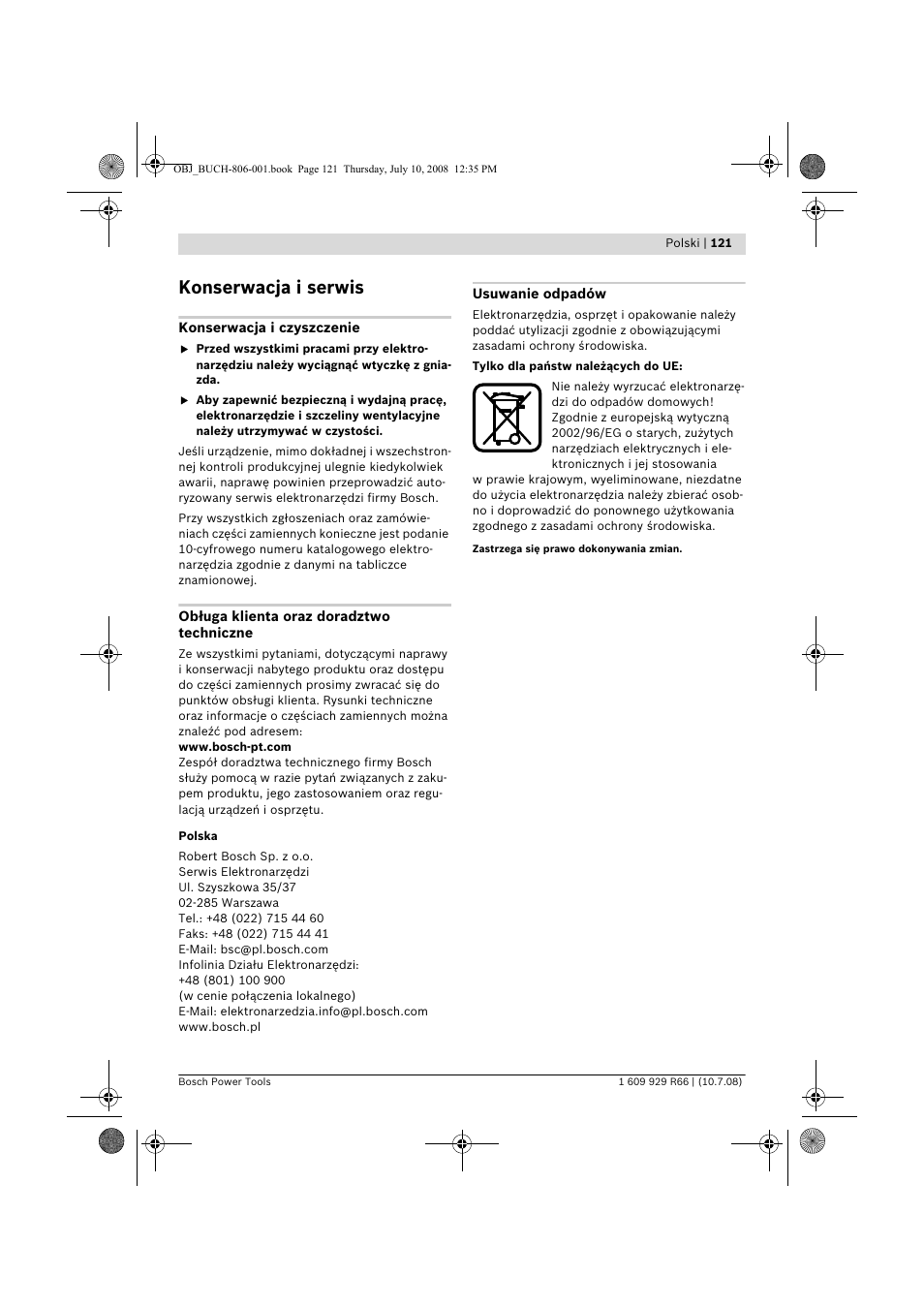 Konserwacja i serwis | Bosch GSB 16 RE Professional User Manual | Page 121 / 229