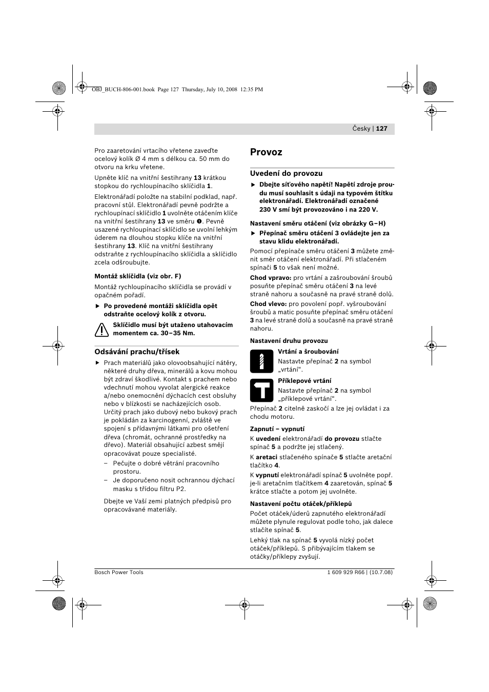 Provoz | Bosch GSB 16 RE Professional User Manual | Page 127 / 229