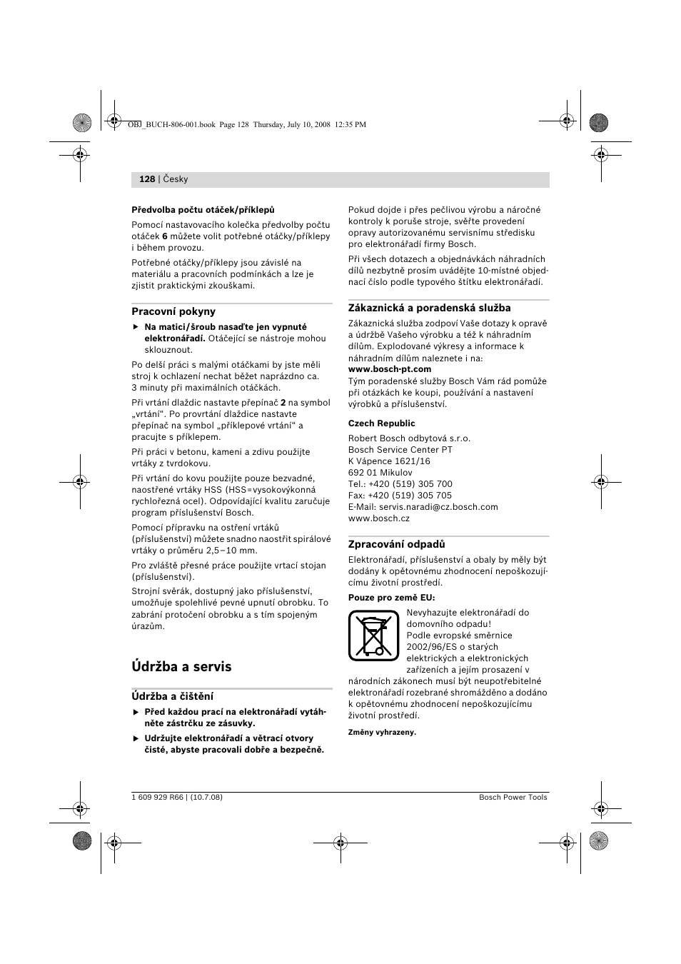 Údržba a servis | Bosch GSB 16 RE Professional User Manual | Page 128 / 229