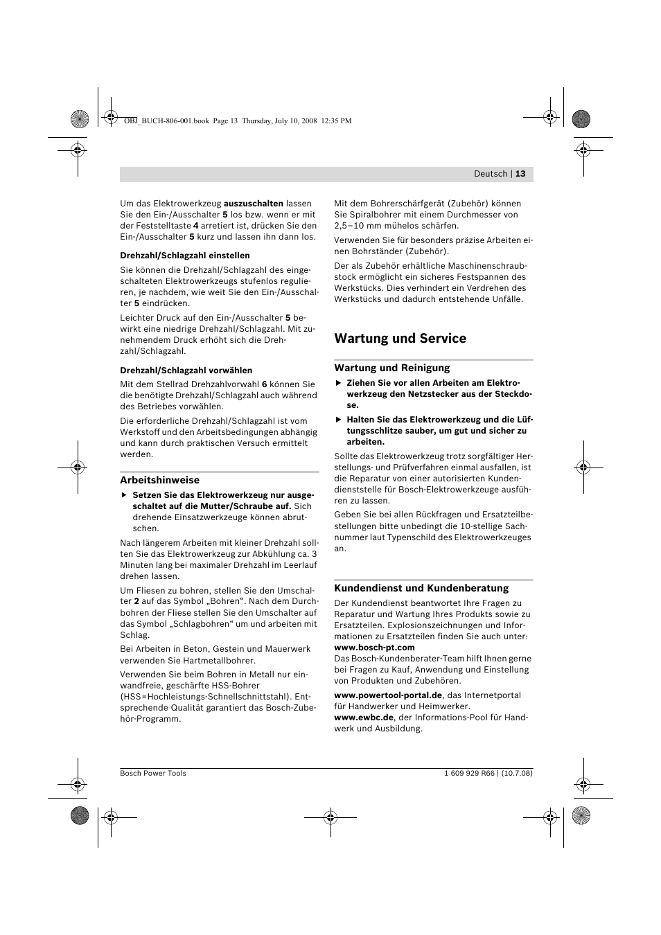 Wartung und service | Bosch GSB 16 RE Professional User Manual | Page 13 / 229