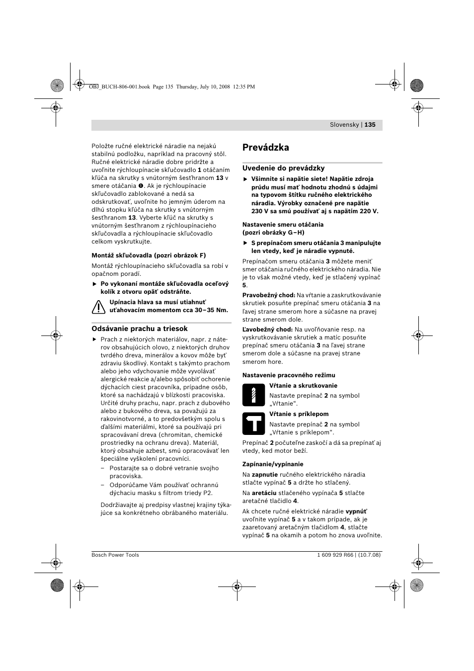 Prevádzka | Bosch GSB 16 RE Professional User Manual | Page 135 / 229